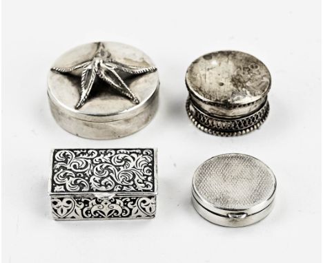 Four silver pill boxes, a rectangular model with a hinged lid with a curling effect, 34x22mm, a round box with pearl rims, wi