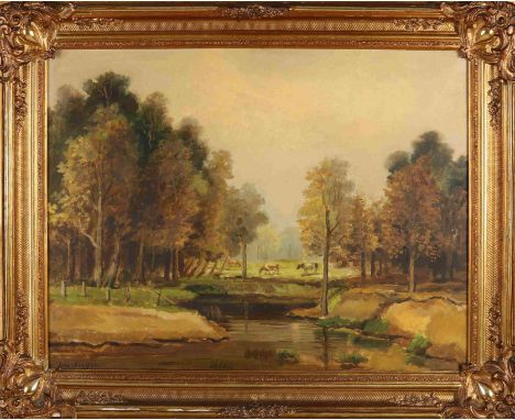 Jaap van Kretten. Twente landscape with cows. Oil on linen. Dimensions: H 60 x W 80 cm. In good condition.