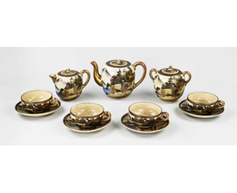 Antique seven-piece Japanese Satsuma tea set. With figures in landscape/gold decor. With bottom mark. Two lids damaged. Size: