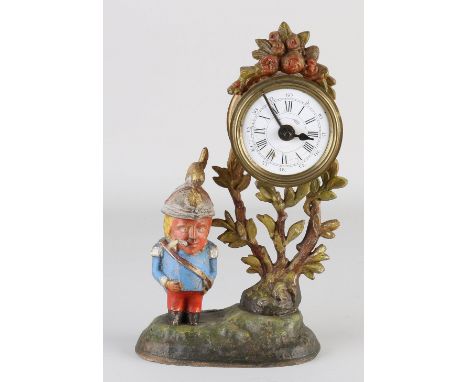 Antique alarm clock with a smoking soldier. France. Circa 1900. One hand is missing, alarm spring defective. Dimensions: H 23