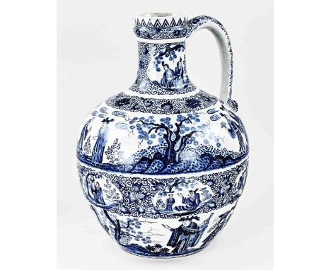 Large antique Delft Fayence pitcher with figures in landscape decor. With bottom mark. Circa 1900. Dimensions: H 36 cm. In go