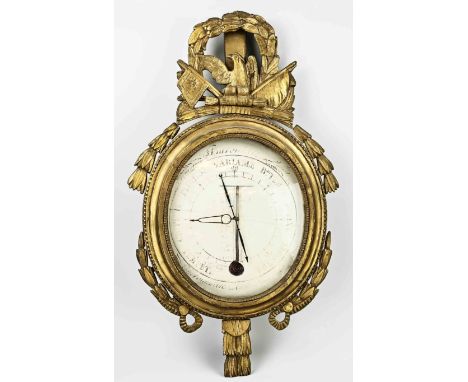 18th century French woodcarved gilded wooden Louis Seize barometer + thermometer. Par Scoty. Dimensions: 83 x 50 cm. In very 