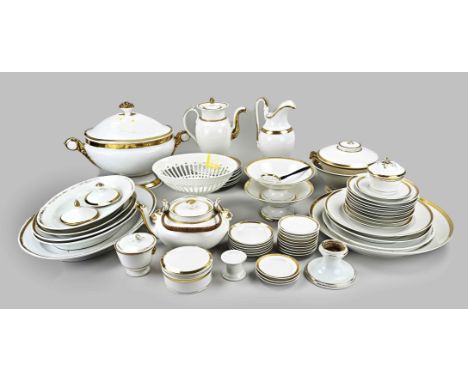 Extensive early 19th century Empire service. White with gold. Circa 1820. Consisting of: Nine bowls, three tazzas, two tureen