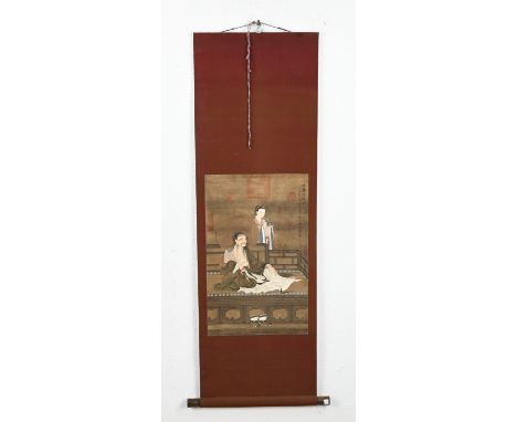 Old Chinese scroll painting with signature + text. Hand painted. Dimensions: H 130 x W 44 cm. In good condition.