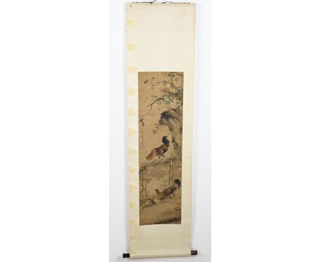 Signed old Chinese scroll painting on silk. gouache. Rooster in landscape eats spider. Dimensions: H 100 x W 29 cm. In good c