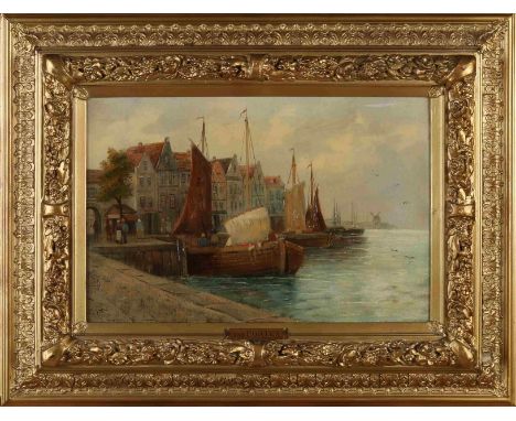 Adrian van Porten. 19th century. Dutch harbor with figures. With gold-coloured ornamental frame. Dimensions: H 32 x W 48 cm. 
