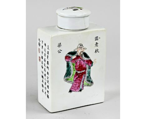 Old Chinese porcelain Family Rose tea caddy with figures/text decor + signature. 20th century. Lid glued. Dimensions: H 15 cm