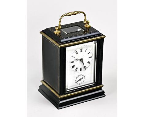 Antique French lacquer travel alarm clock with brass inlay. Signed Hatton a Paris. Dimensions: H 15 cm. In good condition.