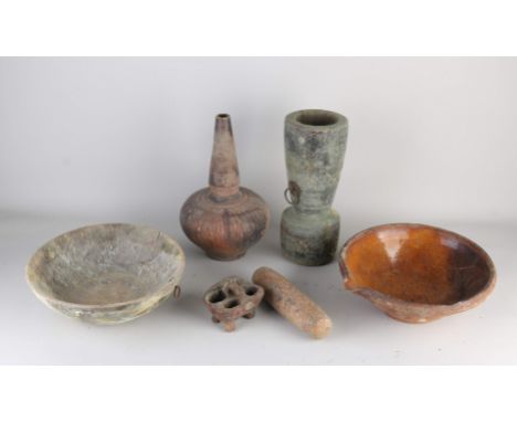 Five parts antique. Various. (1) Wooden mortar with natural stone pestle. (2) Persian pitcher. (3) Oriental spice holder. (4)