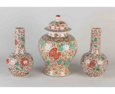 Antique three-piece Chinese porcelain Wucai garniture with double bottom ring and six-character bottom mark. 19th Century or 