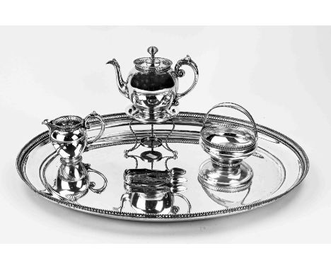 Beautiful silver service, 833/000, with a large tray with a stove with teapot, a milk jug and a sugar bowl, with a sawn edge 