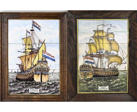 Two antique Dutch polychrome Fayence 6-pass tile panels depicting a three-master. 1. De Hoop, two tiles glued. 2. The seven p