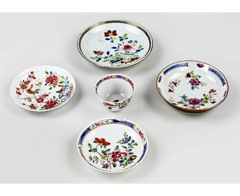 Lot Chinese Family Rose porcelain. 18th century. Consisting of four saucers, cup (floral). One saucer glued. One cup damaged.