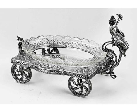 Unique silver table centerpiece with original crystal inner box in the shape of a chariot. 800/000. Large silver cart, rectan