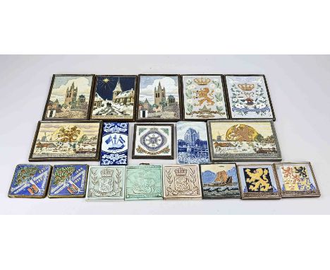 Lot of 18 antique Dutch ceramic tiles. Various. The seven large tiles + one small ANWB tile were made by 'de Porceleyne Fles'