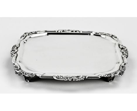 Antique silver cabaret, Rococo, square contoured model decorated with 8 lobe-shaped elements, The cabaret is placed on 4 slig