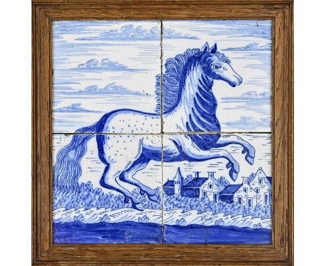18th - 19th century Dutch Fayence 4-pass tile panel. Horse in front of stable. Older restoration. Dimensions: H 26 x W 26 cm.
