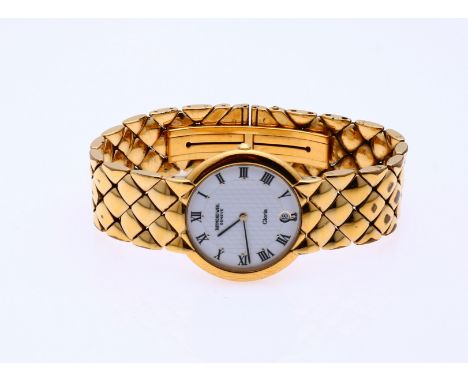 Raymond Weil watch model Gloria, 18 kt gold plated, round model with a cream-coloured dial with processing and with Roman num