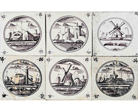 Lot of 32 antique Dutch Fayence tiles with landscape decor and double ring. Manganese-colored. Dimensions: 13 x 13 cm. Some d