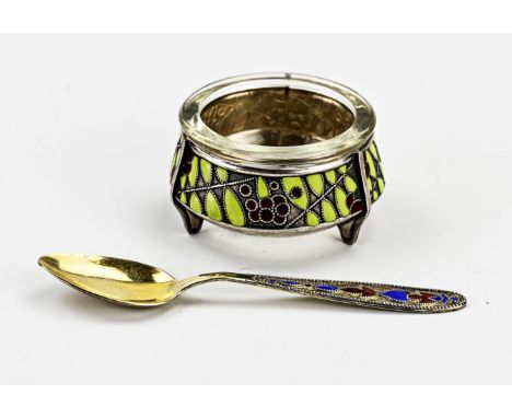 Russian caviar jar with silver spoon. Caviar jar decorated with enamel with glass liner and a silver plated spoon, 875/000, i