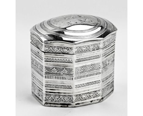 Silver loderein box, 833/000, rectangular contoured model richly decorated with bandel work. With engraving on the lid, FROM 