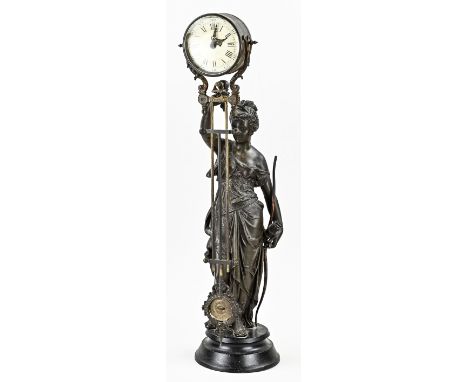 Antique mysterious French mantel clock, Deiana with bow and arrow. By Guilmet Paris. Circa 1900. Size: 60 cm. In good unclean