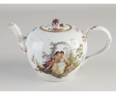18th century German porcelain Meissen teapot with mark 1763. Romantic figures in landscape/floral/gold decor. Chip lid, other