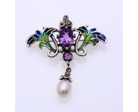 Silver brooch/pendant, 925/000, with enamel and precious stones. Brooch decorated with 2 amethysts, marquise stones, a pearl 