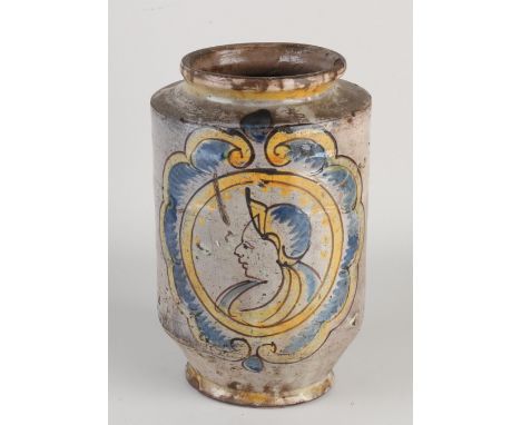 18th century polychrome Fayence Albarello (apothecary's) jar with annotation 1763. Italy. Chip bottom edge. Dimensions: H 24 