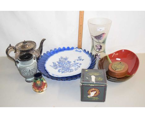 Mixed Lot: Robin decorated vase, blue glass fruit bowl, silver plated teapot and other assorted items