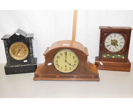 A late Victorian marble and slate cased mantel clock together with two others