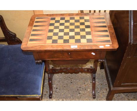A Victorian combination games and sewing table with inlaid chequer board and backgammon top