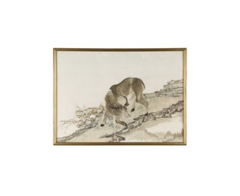 TWO EMBROIDERED SILK PANELSMEIJI PERIOD the first depicting a water buffalo striding along a rocky path, the second showing t
