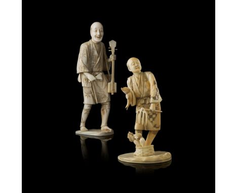 IVORY OKIMONO OF A MUSICIANMEIJI PERIOD the male figure shown standing in mid-step with his shamisen balanced on his knee, th