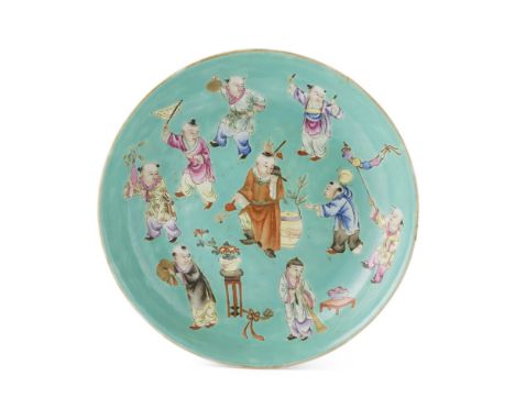 FAMILLE ROSE TURQUOISE GROUND 'BOYS AT PLAY' BOWL AND DISHJIAQING SIX-CHARACTER SEAL MARK, LATE QING DYNASTY/REPUBLIC PERIOD 