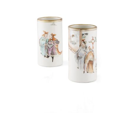 PAIR OF FAMILLE ROSE BRUSHPOTSGUANGXU MARK, 19TH CENTURY decorated in delicate pastel colours with gilt highlights, the first