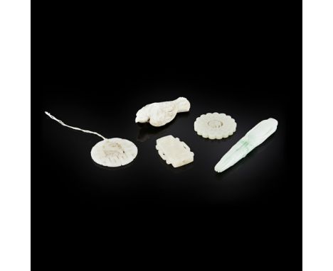 COLLECTION OF JADE CARVINGScomprising: a grey jade pendant in the form of a flattened bian zhong, chime bell; a chrysanthemum