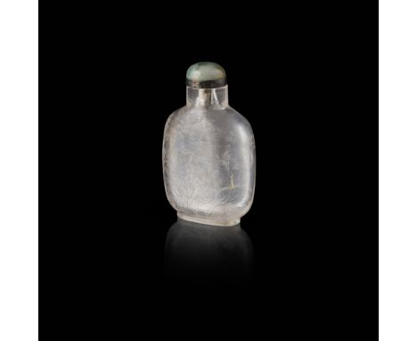 CARVED ROCK CRYSTAL SNUFF BOTTLEQING DYNASTY, 18TH/19TH CENTURY of flattened form with a cylindrical neck and a rounded oval 