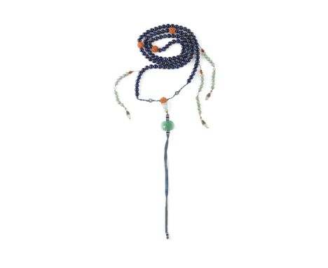 LAPIS LAZULI MANDARIN COURT NECKLACEcomprising one-hundred and eight lapis lazuli beads, spaced with coral, the main tassel w