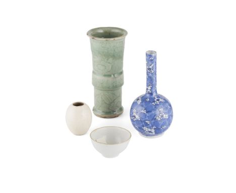 MISCELLANEOUS GROUP OF FOUR CERAMIC ARTICLESSONG TO QING DYNASTY comprising: a celadon-glazed gu-form beaker vase, carved wit