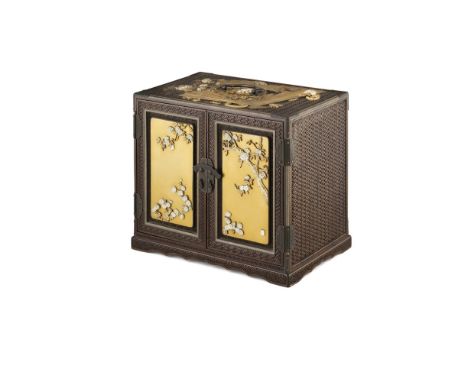 GOLD-LACQUER AND SHIBAYAMA-INLAID KODANSUSIGNED HOSEN, MEIJI PERIOD the hinged doors inset with two gold-lacquer panels embel