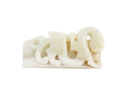 CELADON JADE SCABBARD SLIDEQING DYNASTY, 19TH CENTURY carved in high relief with a sinuous chilong, the back with an aperture