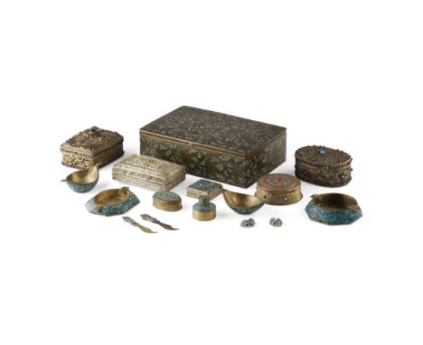 COLLECTION OF FIVE COVERED METAL BOXES19TH/EARLY 20TH CENTURY comprising: three hardstone and glass embellished boxes and cov