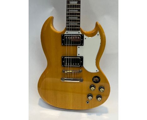 A Gibson Epiphone SG electric guitar in butterscotch, white guard, serial number U00061178, Unsung Plant, Korea, June 2000, P