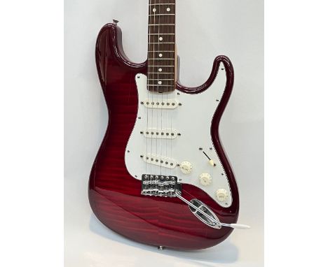 A Fender Stratocaster made in Japan (MIJ) circa  1993-94, Foto-Flame Crimson body, made in the Fuji-gen Plant, production Num