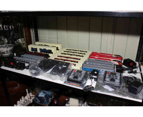 Collection of Hornby model railway including three steam Locos with tenders, two Virgin train Pendolinos, assorted railway ca