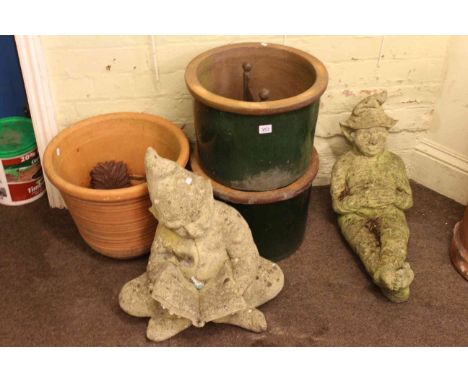 Two weathered garden figures, three circular planters, foot scraper, door stop and two shoe lasts (9)