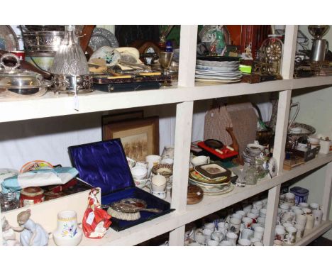 Full shelf of china including Doulton and Nao figures, Crown Ducal Chintz toilet set, parasol, brass coal scuttle, tins, etc.