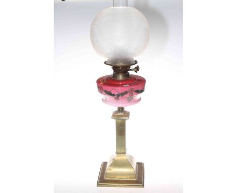 Victorian brass oil lamp with pink decorated glass reservoir and etched frosted glass shade.