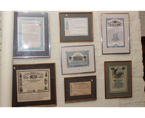 Collection of framed bond certificates inc: The Norton Iron Company Ltd £100 share c1860 (handwritten signatures of the Secre